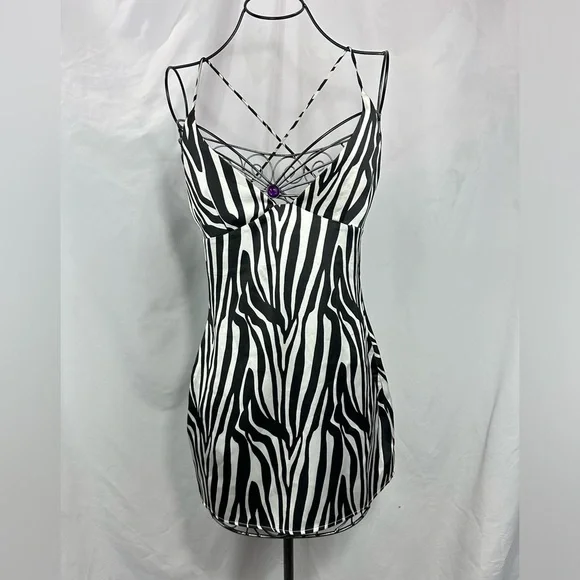 White Fox black and white zebra print halter mini dress size XS - Picture 2 of 13